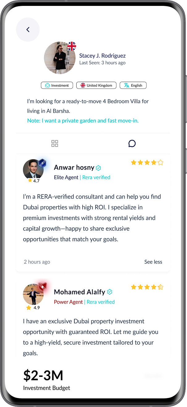 DuSeat app showing investor request and agent offers