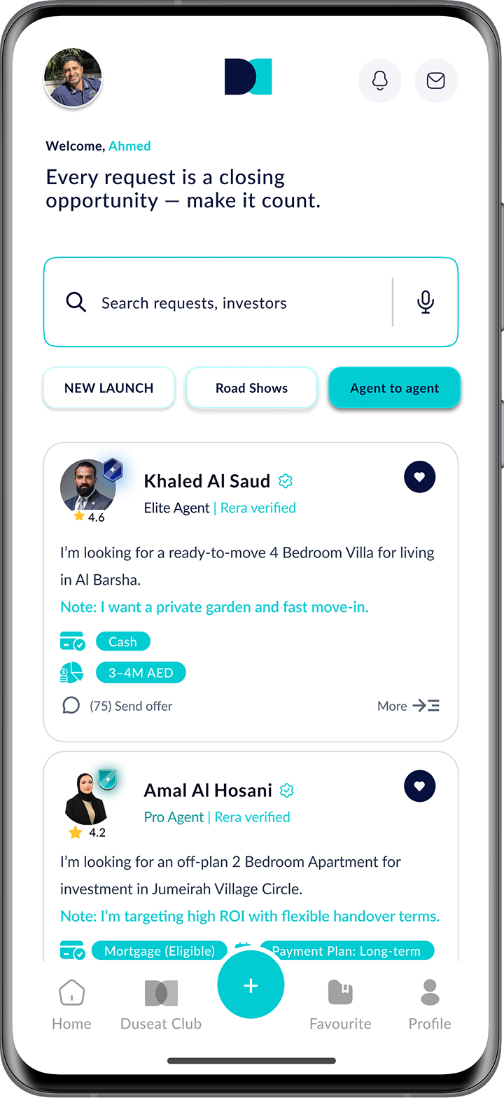 DuSeat app showing investor request and agent offers